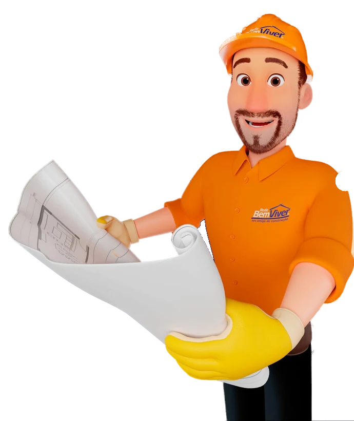 Personagem da Rede Bem Viver, de capacete e camisa laranja, segurando a planta de uma obra